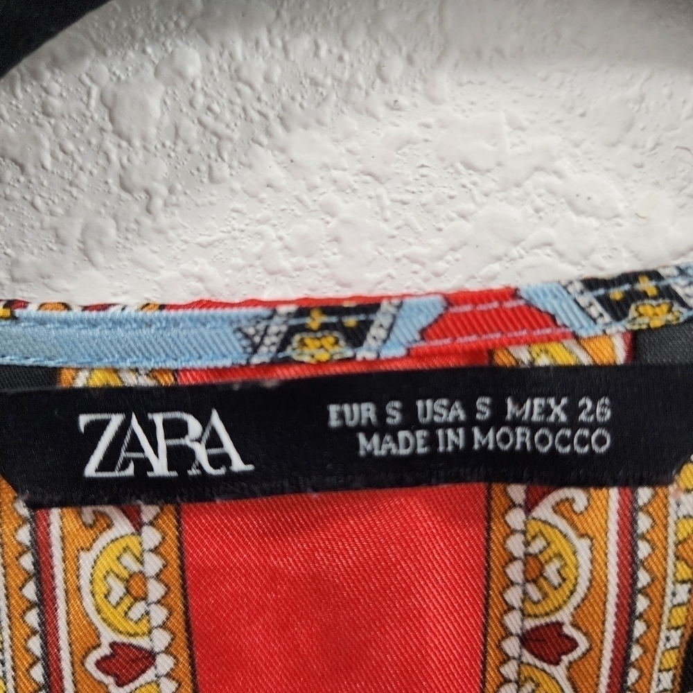 ZARA Boho Patchwork Wrap Midi Dress Red Blue Print Belted Pleated V-Neck - Picture 7 of 15
